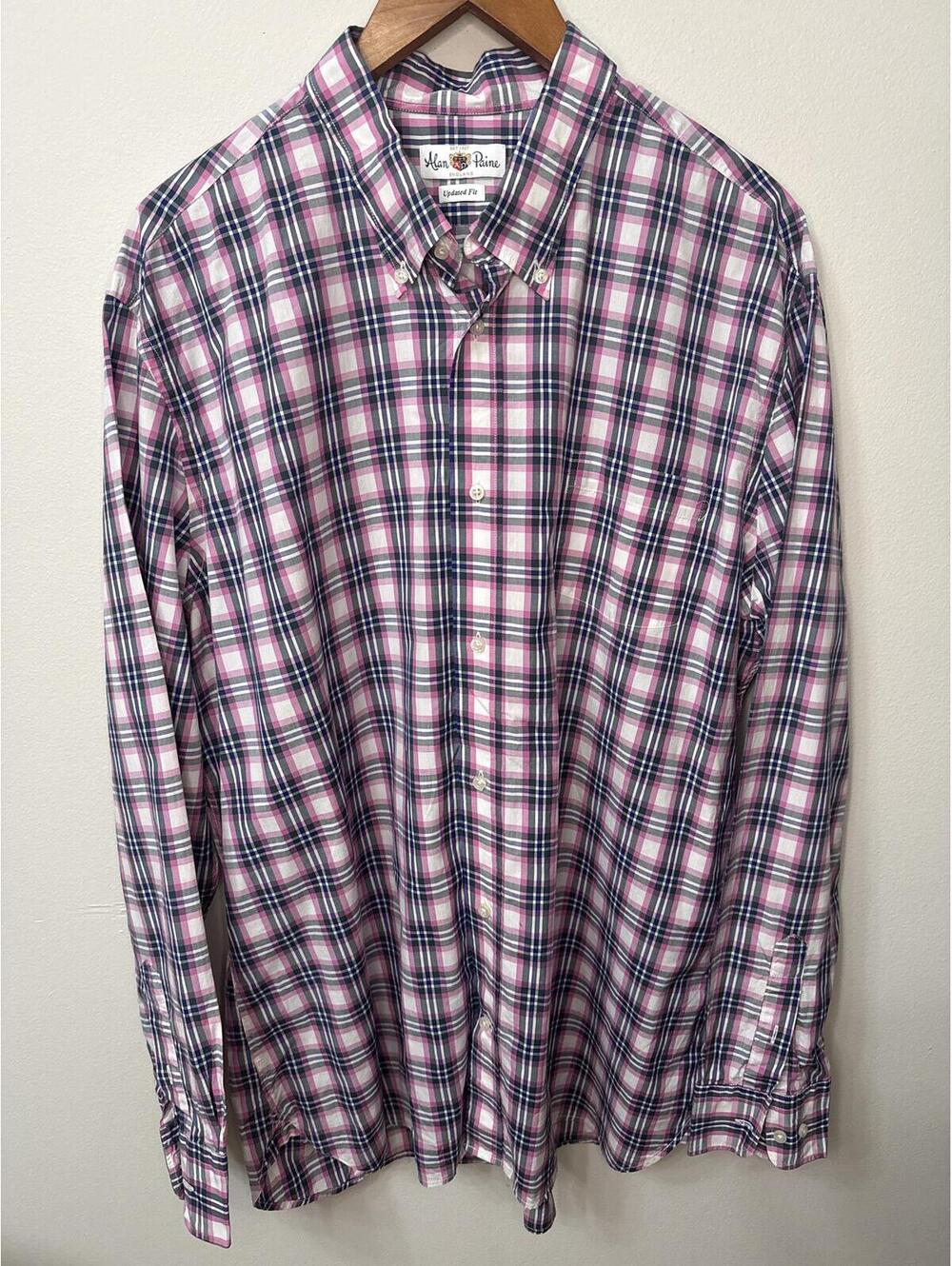 Alan Paine England XXL Pink Blue Plaid Button Down Shirt 100% Cotton Updated Fit